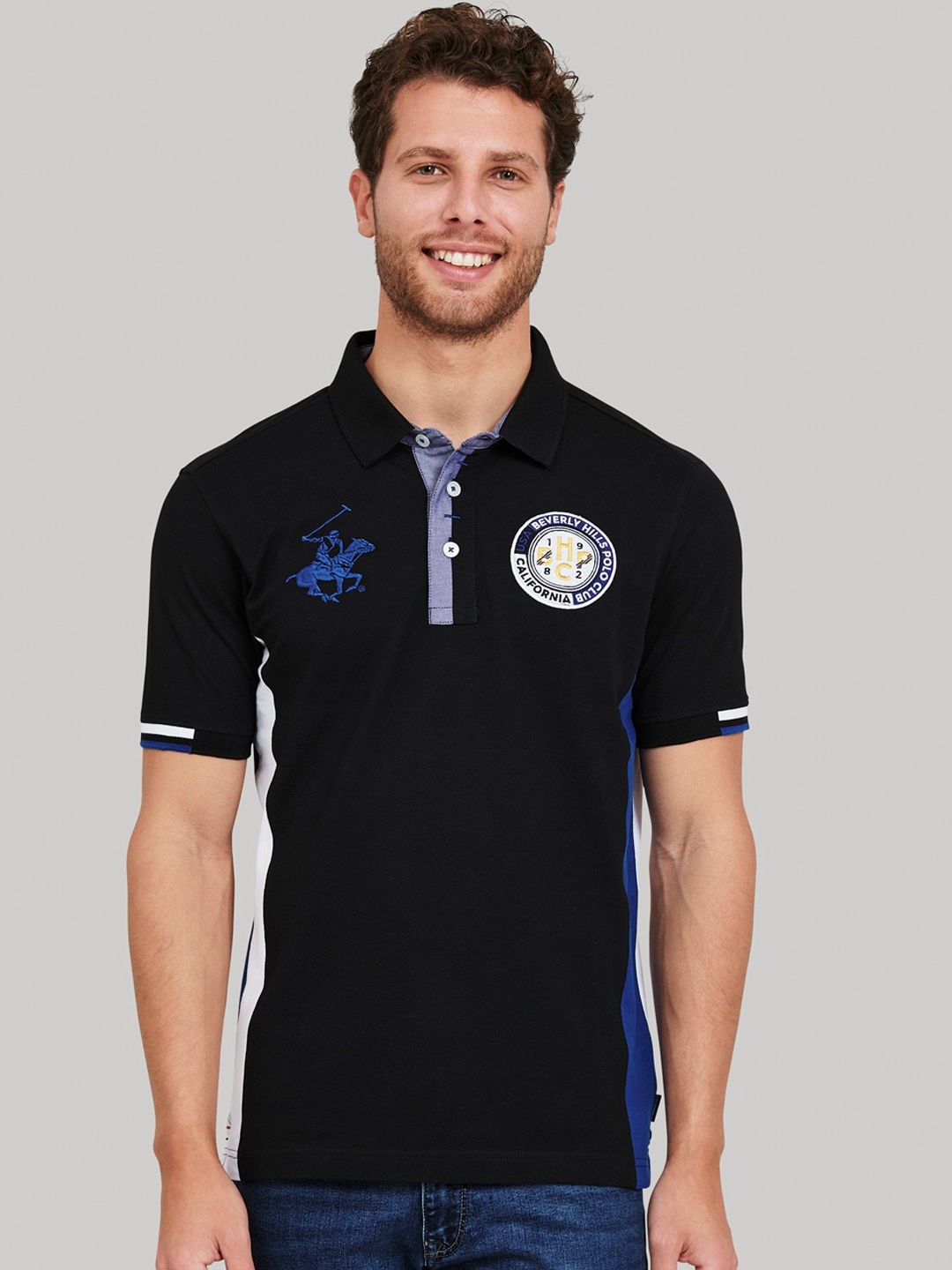 

Beverly Hills Polo Club Men Black Self Design Polo Collar T-shirt