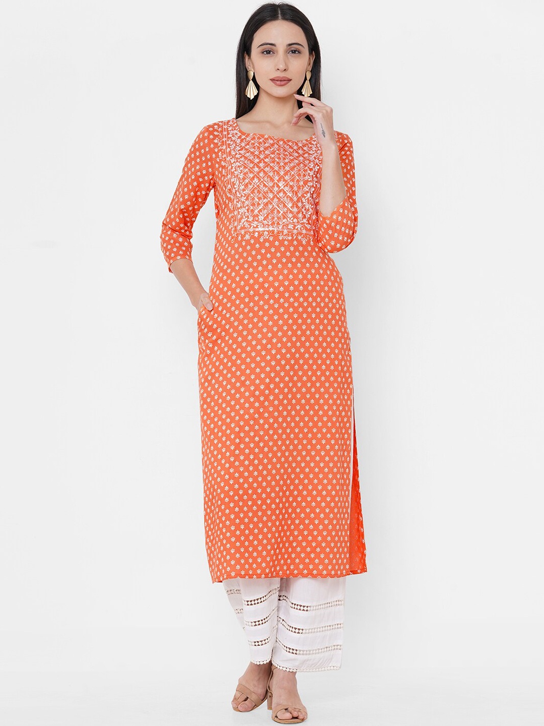 

FASHOR Women Orange Floral Embroidered Thread Work Kurta