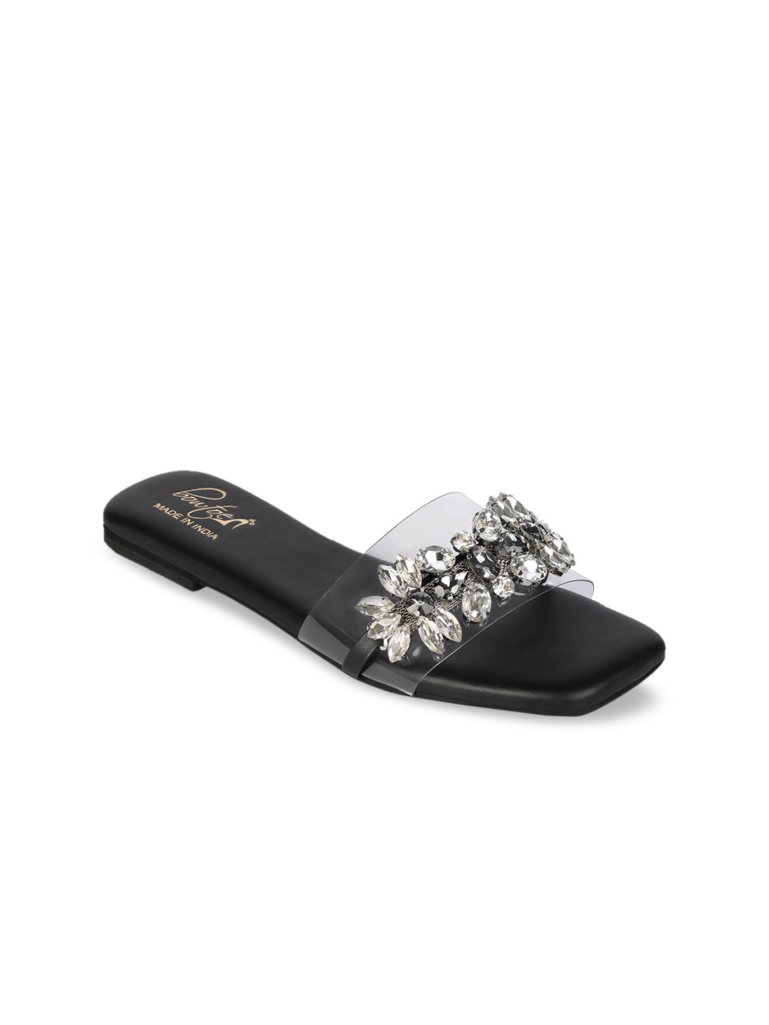 

Bowtoes Women Black Embellished Synthetic Patent Open Toe Flats