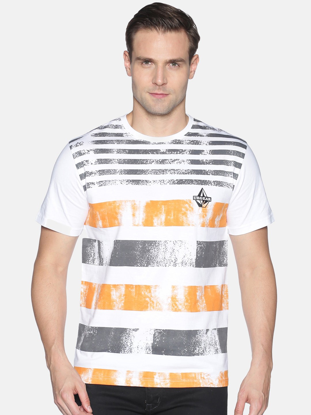 

UrGear Men White Striped Round Neck Cotton Pure Cotton T-shirt