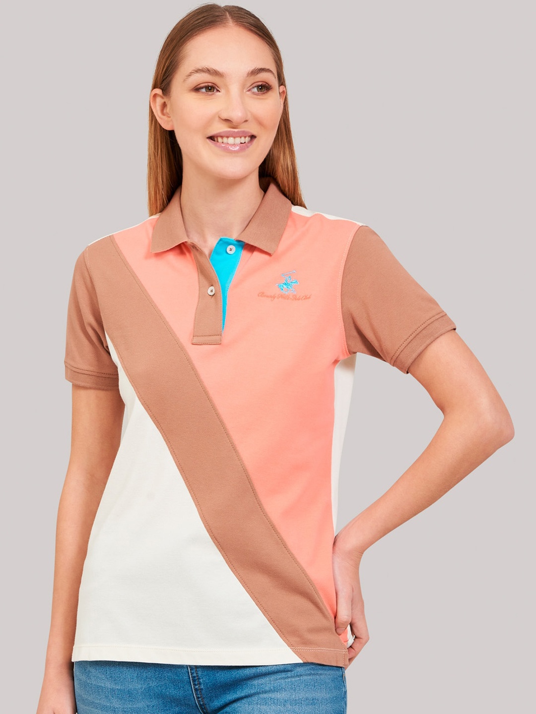 

Beverly Hills Polo Club Women White Colourblocked Polo Collar T-shirt