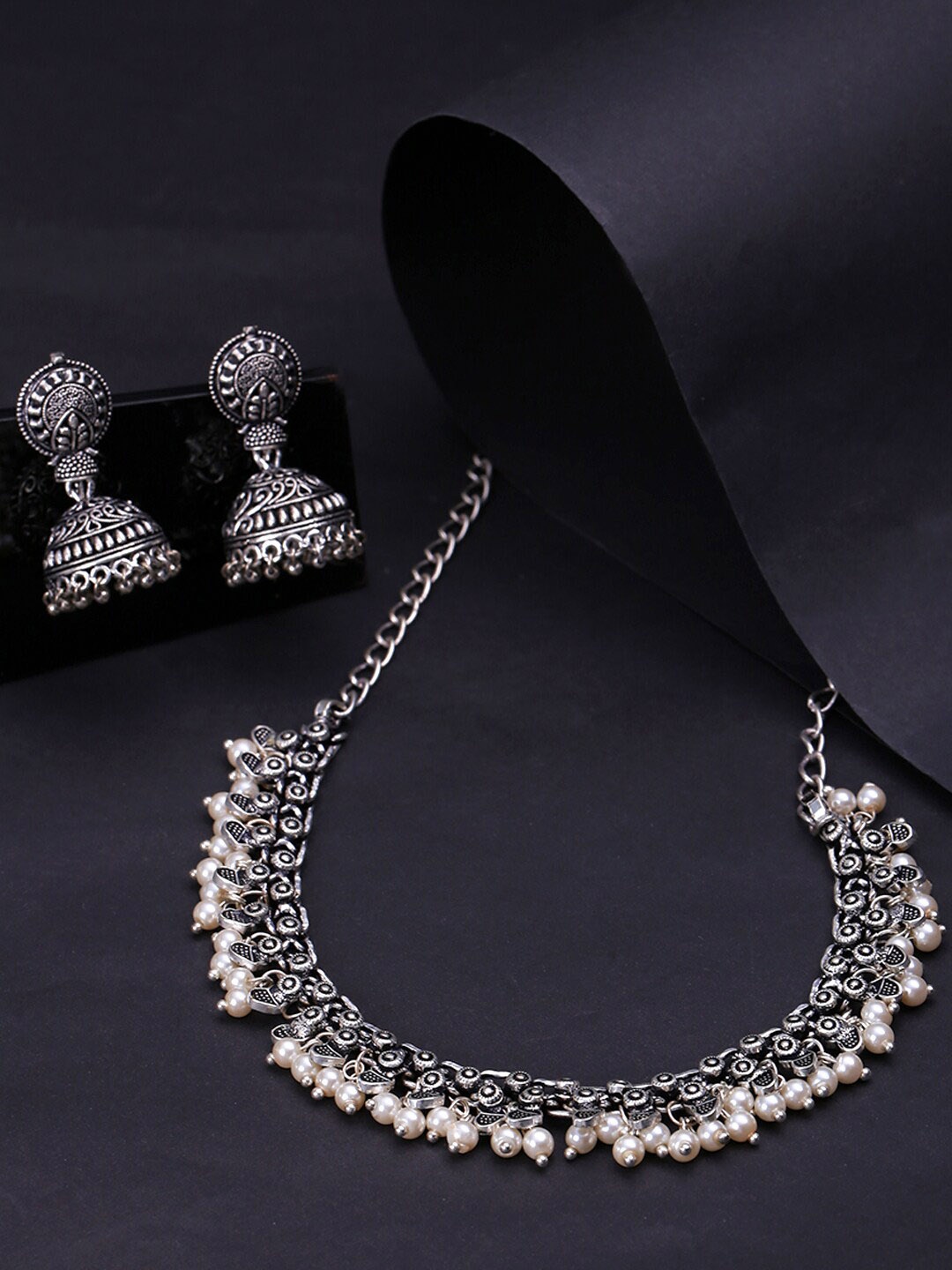 

Yellow Chimes Oxidized Brass-Plated Silver-Toned Pearl Handcrafted Jewellery Set
