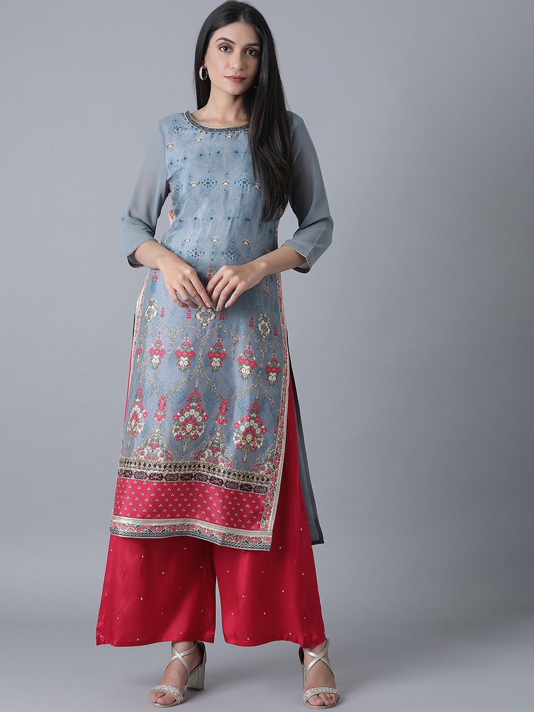 

Wishful Women Grey Ethnic Motifs Printed Sequins Kurta