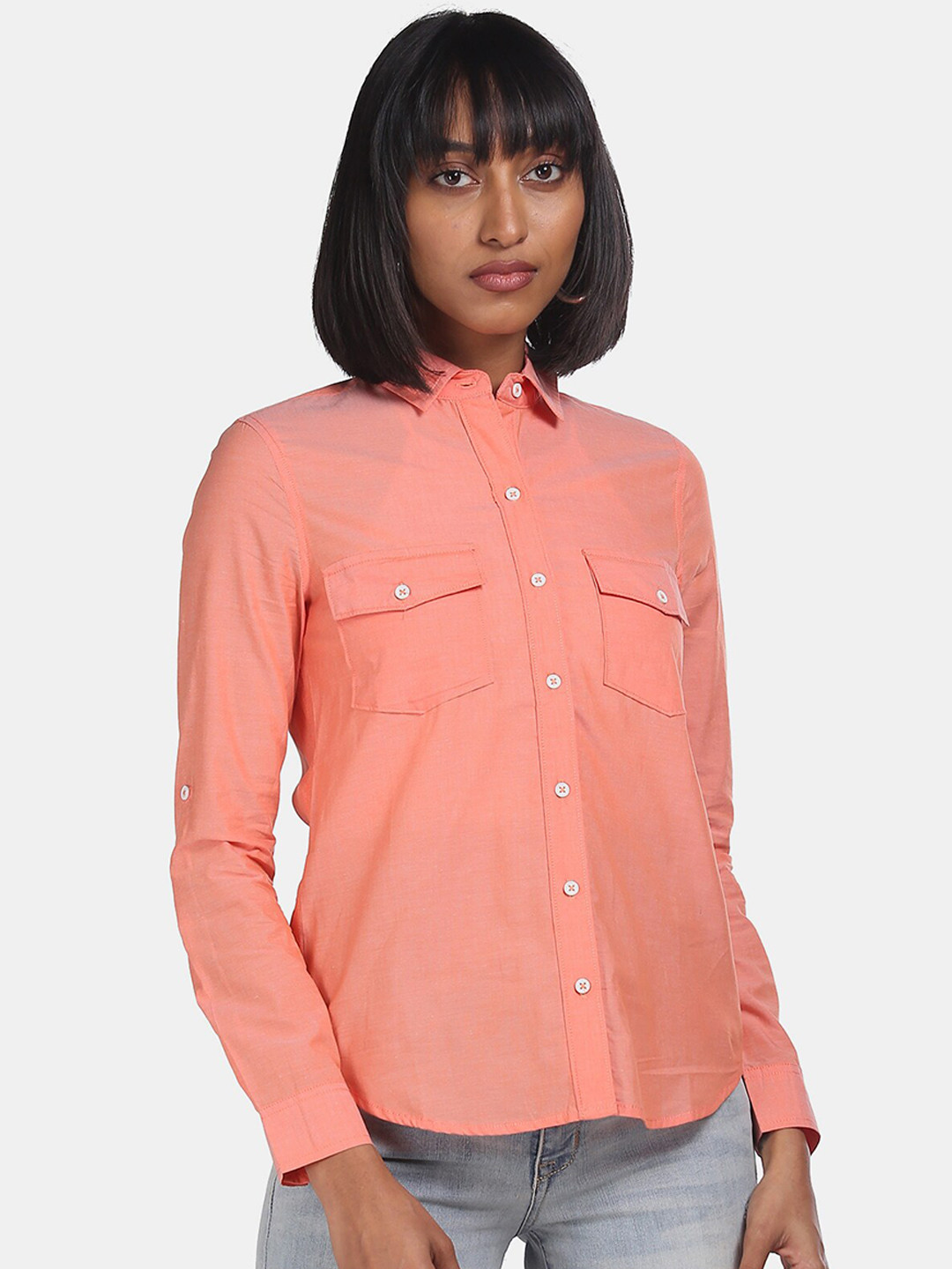 

Aeropostale Women Coral Regular Fit Solid Casual Shirt