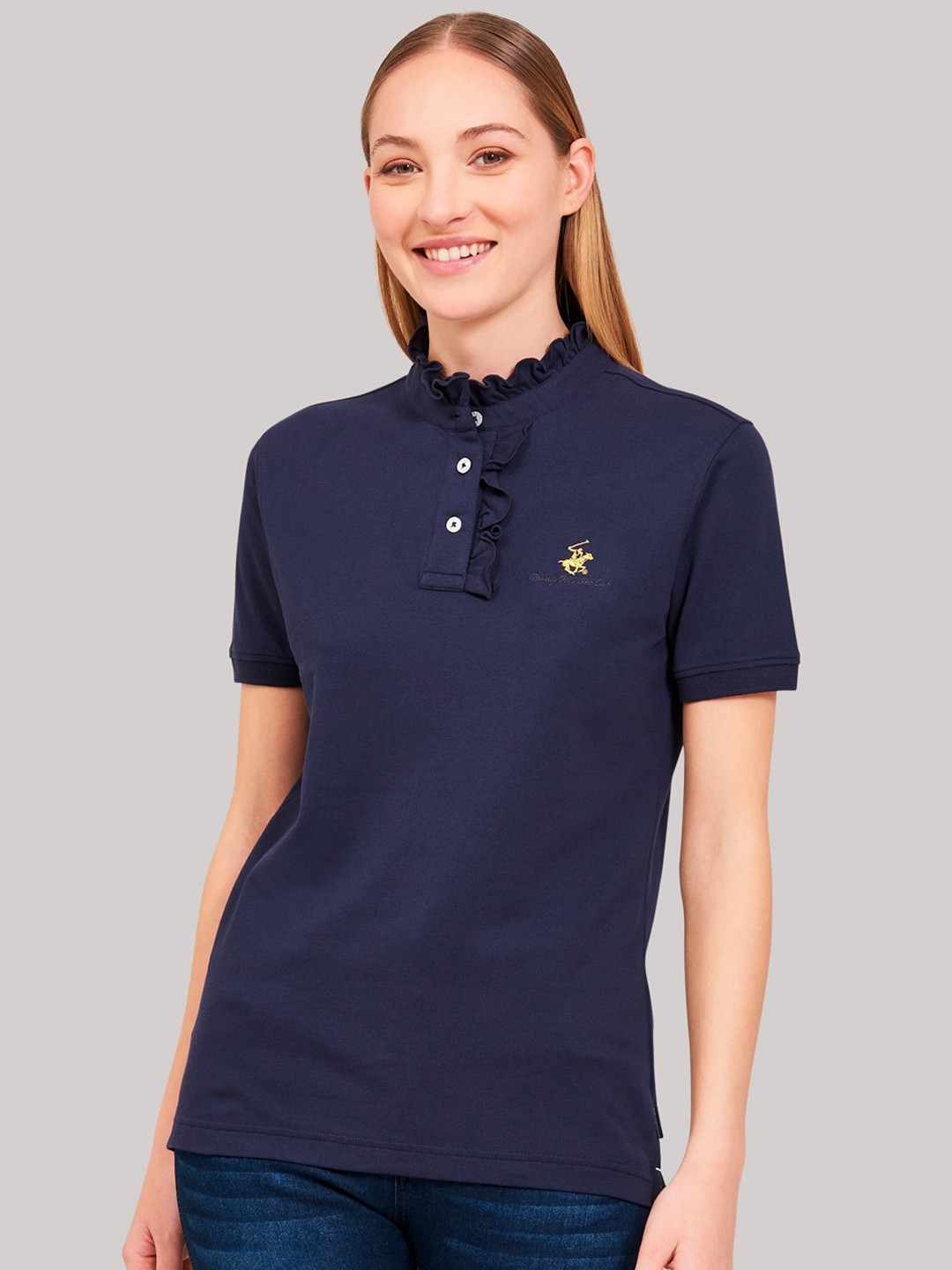 

Beverly Hills Polo Club Women Navy Blue Solid High Neck T-shirt