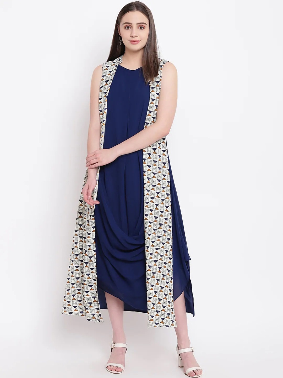 

Be Indi Women Navy Blue Printed Layered A-Line Kurta Dress