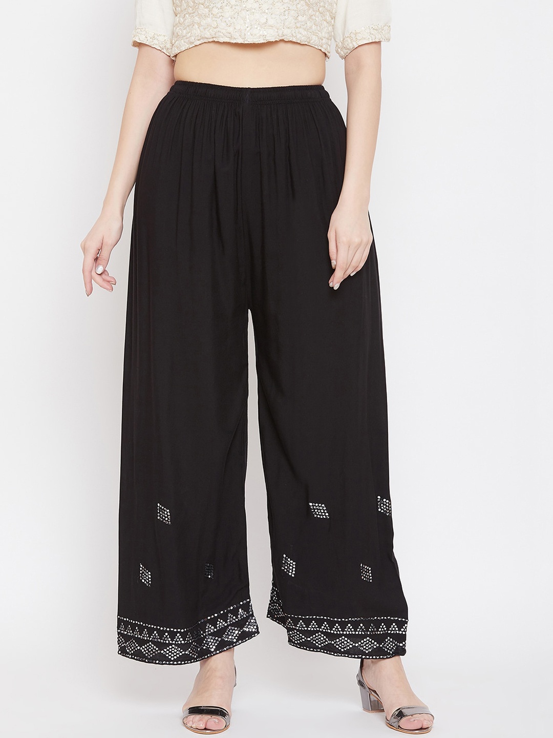 

Clora Creation Women Black & Silver-Toned Embellished Straight Palazzos