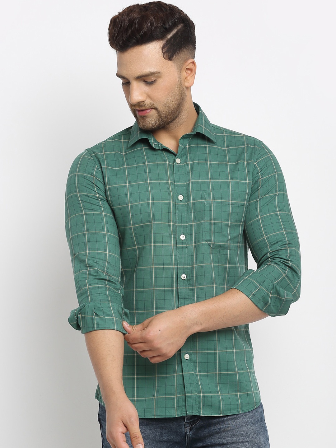 

Cantabil Men Green & White Slim Fit Checked Casual Shirt