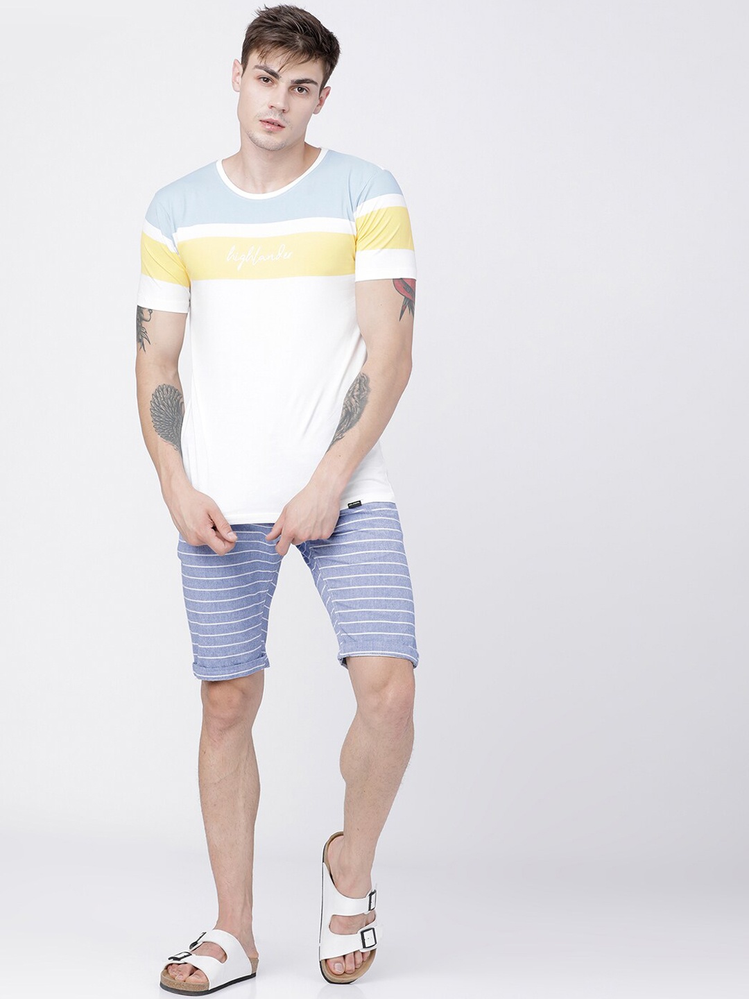 

HIGHLANDER Men Blue & White Striped Slim Fit Regular Shorts
