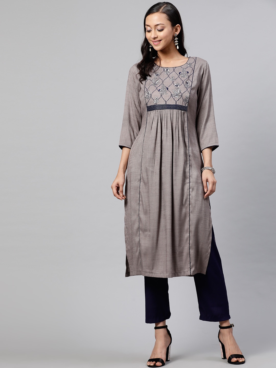 

STREET 9 Women Grey & Navy Blue Embroidered Kurta with Trousers
