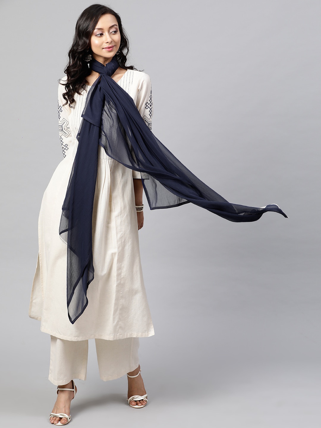 

STREET 9 Women White Yoke Design Kurta with Palazzos & Dupatta
