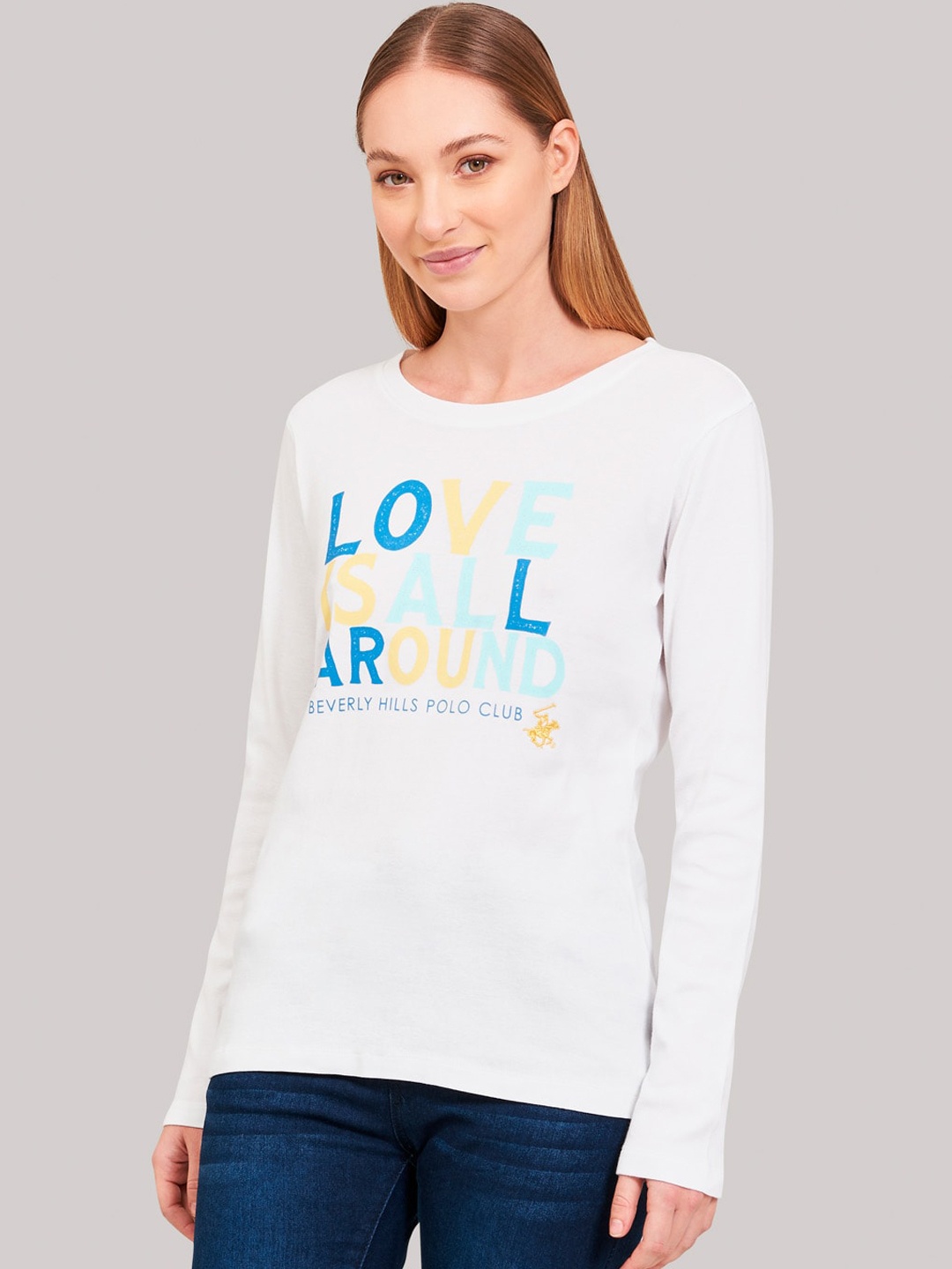 

Beverly Hills Polo Club Women White Printed Round Neck T-shirt