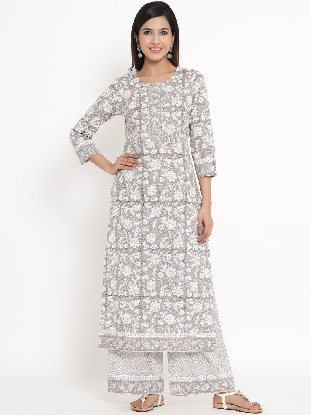 kipek Women White & Grey Printed Cotton Kurta with Palazzos & Dupatta