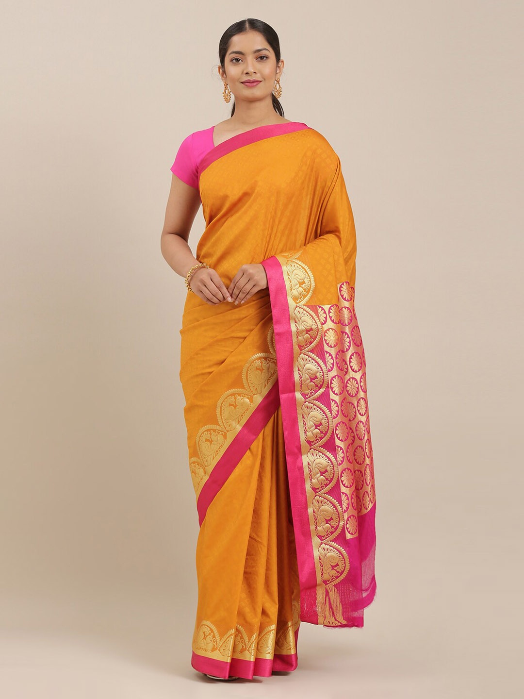 

The Chennai Silks Mustard Yellow Solid Art Silk Saree