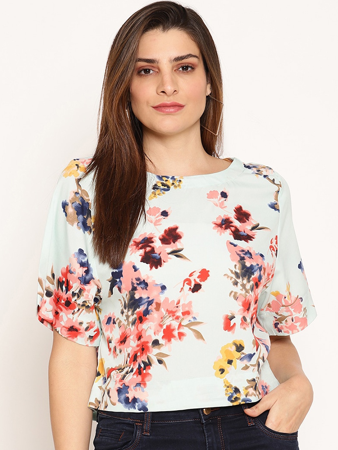 

Ruhaans Blue & Peach-coloured Floral Printed Flared Sleeves Crepe Regular Top