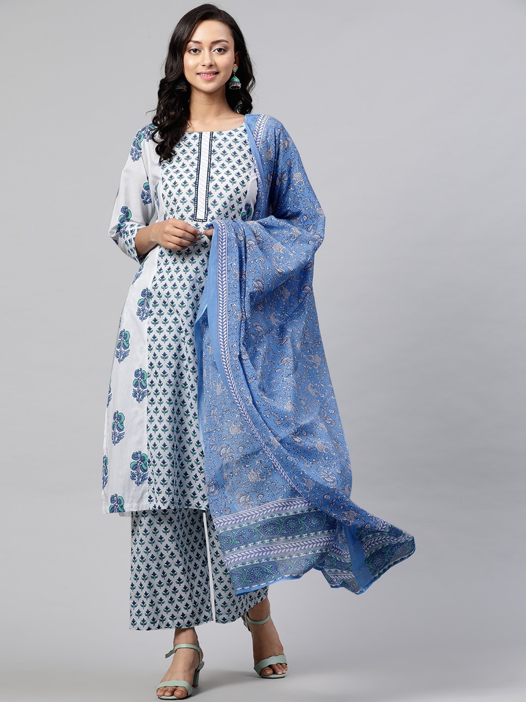 

STREET 9 Women Blue & White Printed Kurta with Trousers & Dupatta