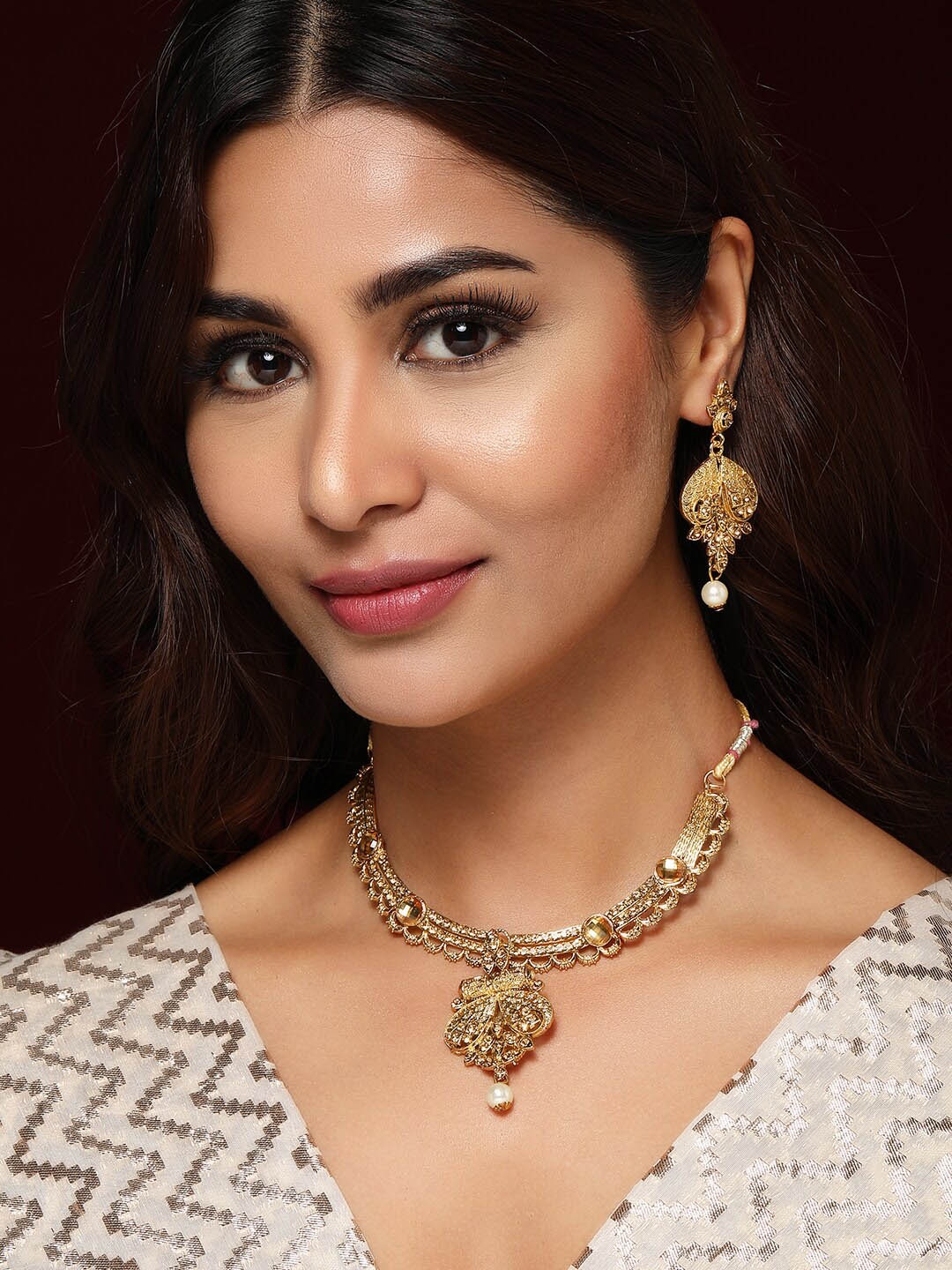 

Rubans Gold-Plated White Rhinestone-Studded Handcrafted Jewellery Set