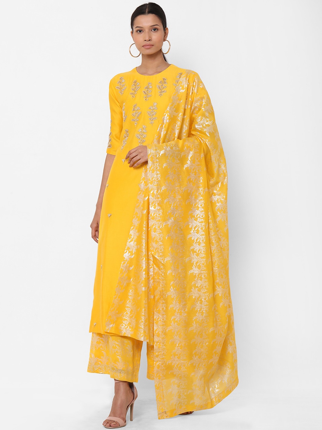 Masaba Women Yellow Embroidered Zardozi Kurta with Palazzos & Dupatta