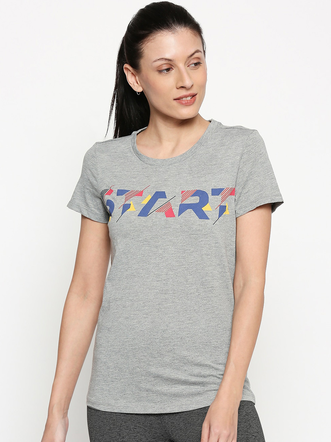 

Ajile by Pantaloons Women Grey Melange Printed Round Neck Cotton Pure Cotton T-shirt