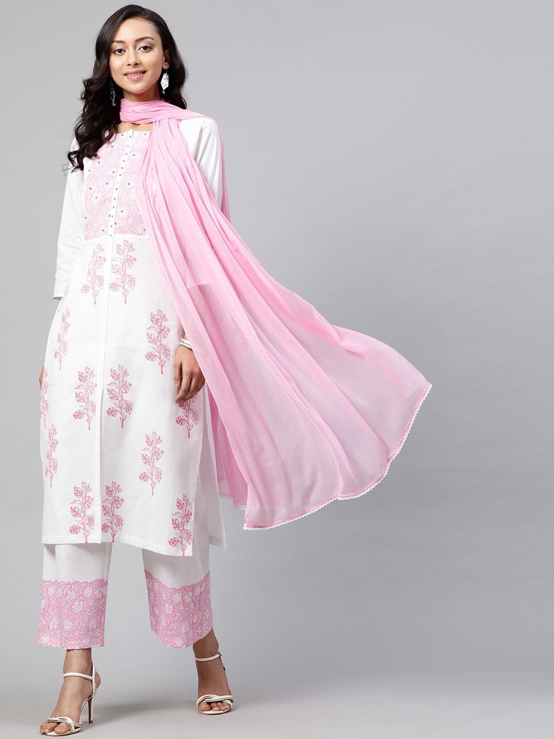 STREET 9 Women White & Pink Printed Kurta with Palazzos & Dupatta