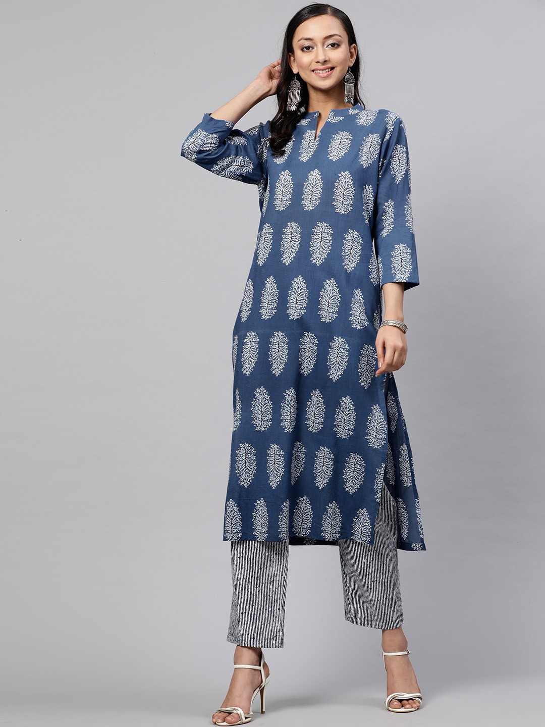 

STREET 9 Women Blue & White Printed Kurta with Trousers