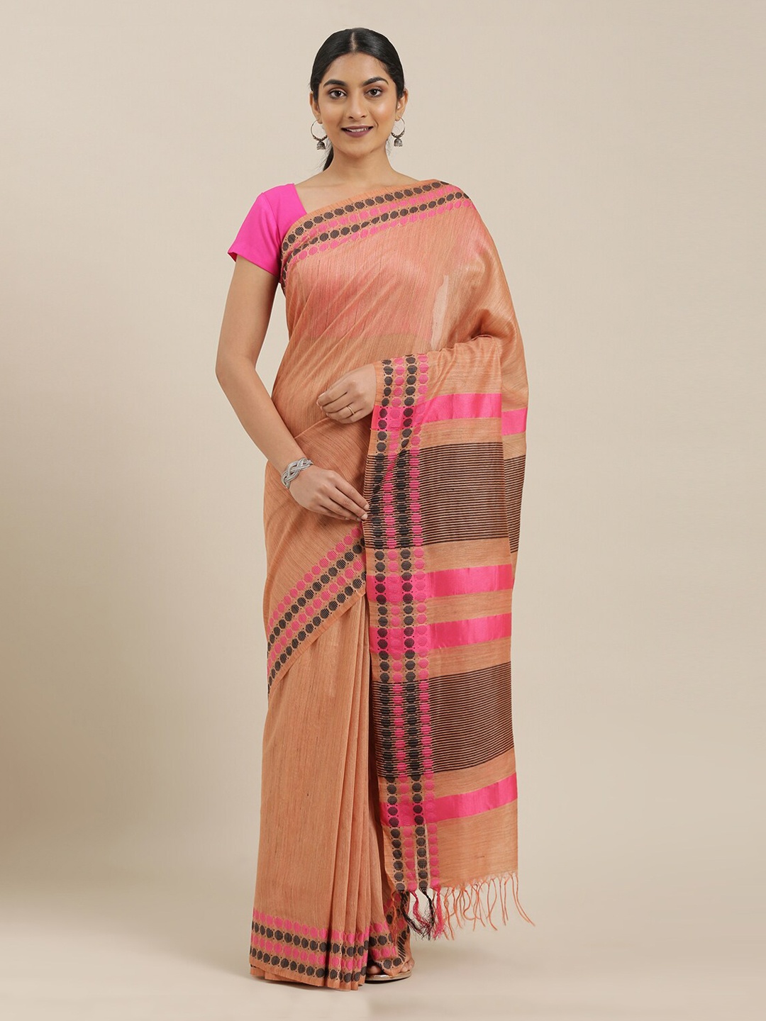 

The Chennai Silks Orange Solid Linen Blend Saree