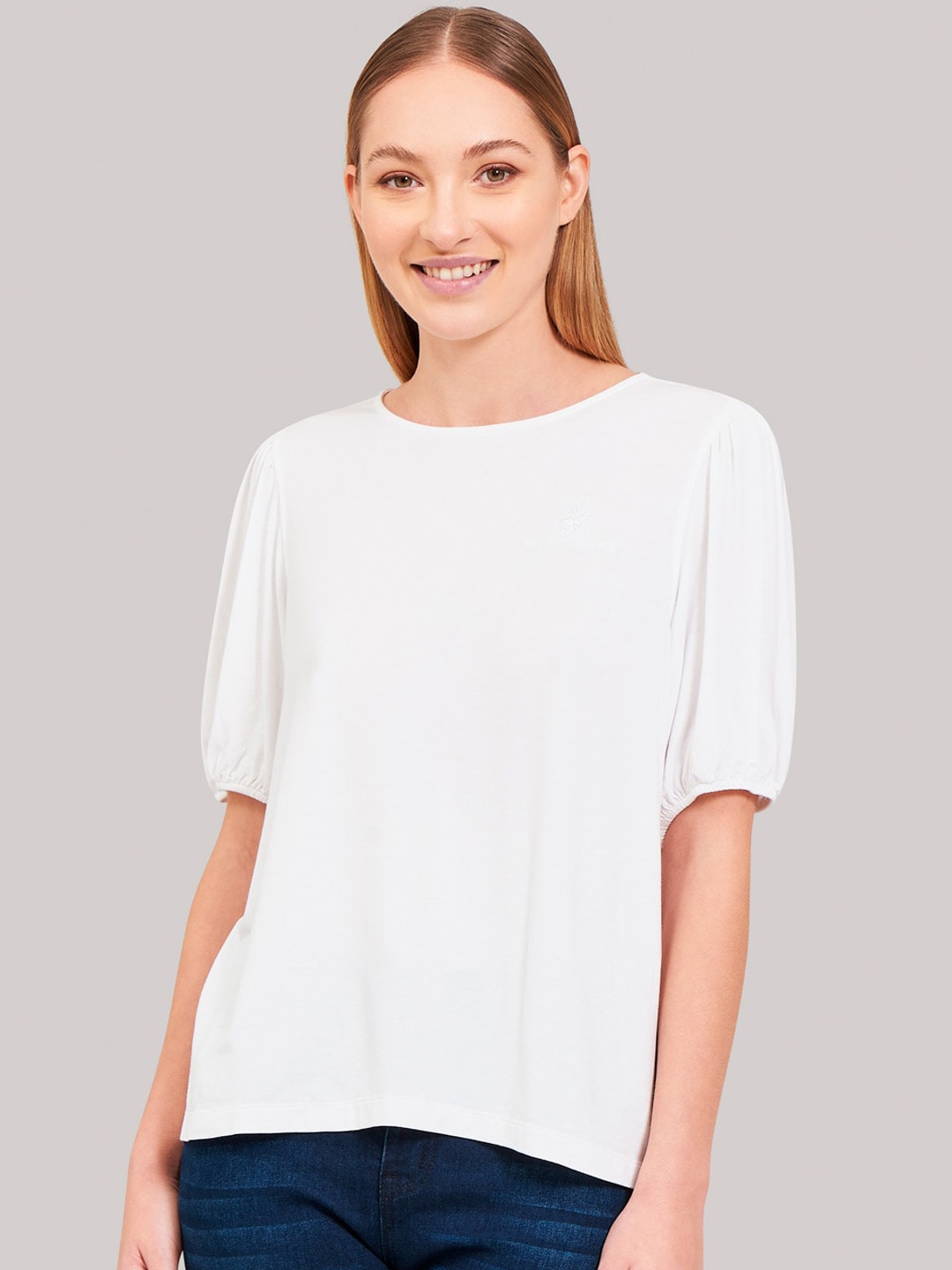 

Beverly Hills Polo Club Women White Solid Boat Neck T-shirt
