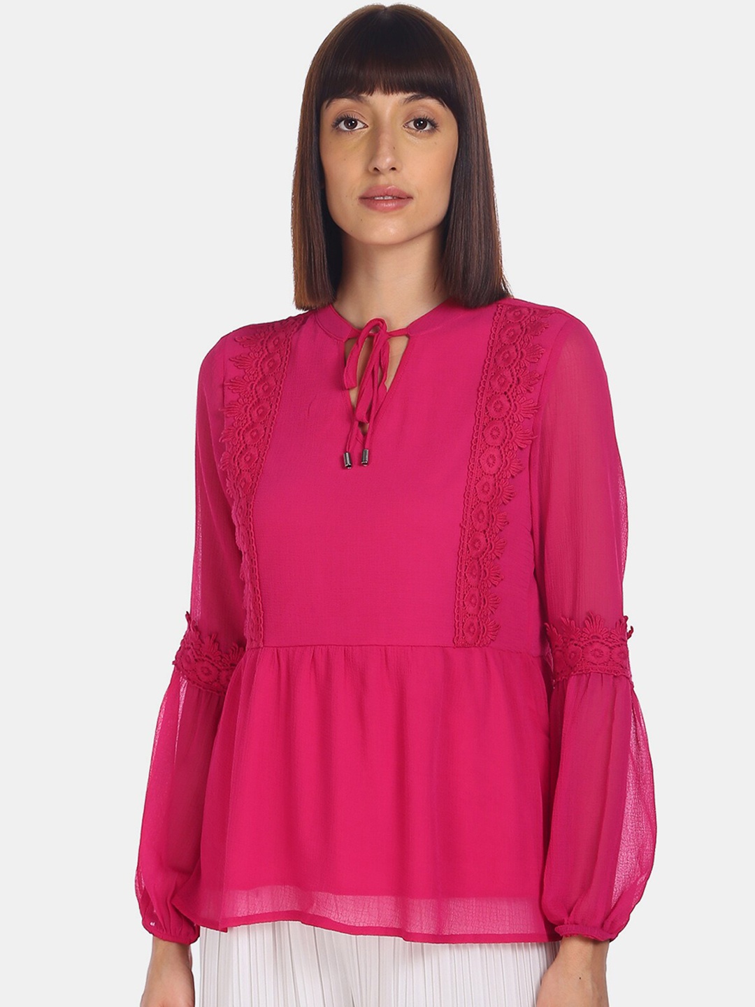 

Cherokee Fuchsia Tie-up Neck Bishop Sleeves Peplum Top