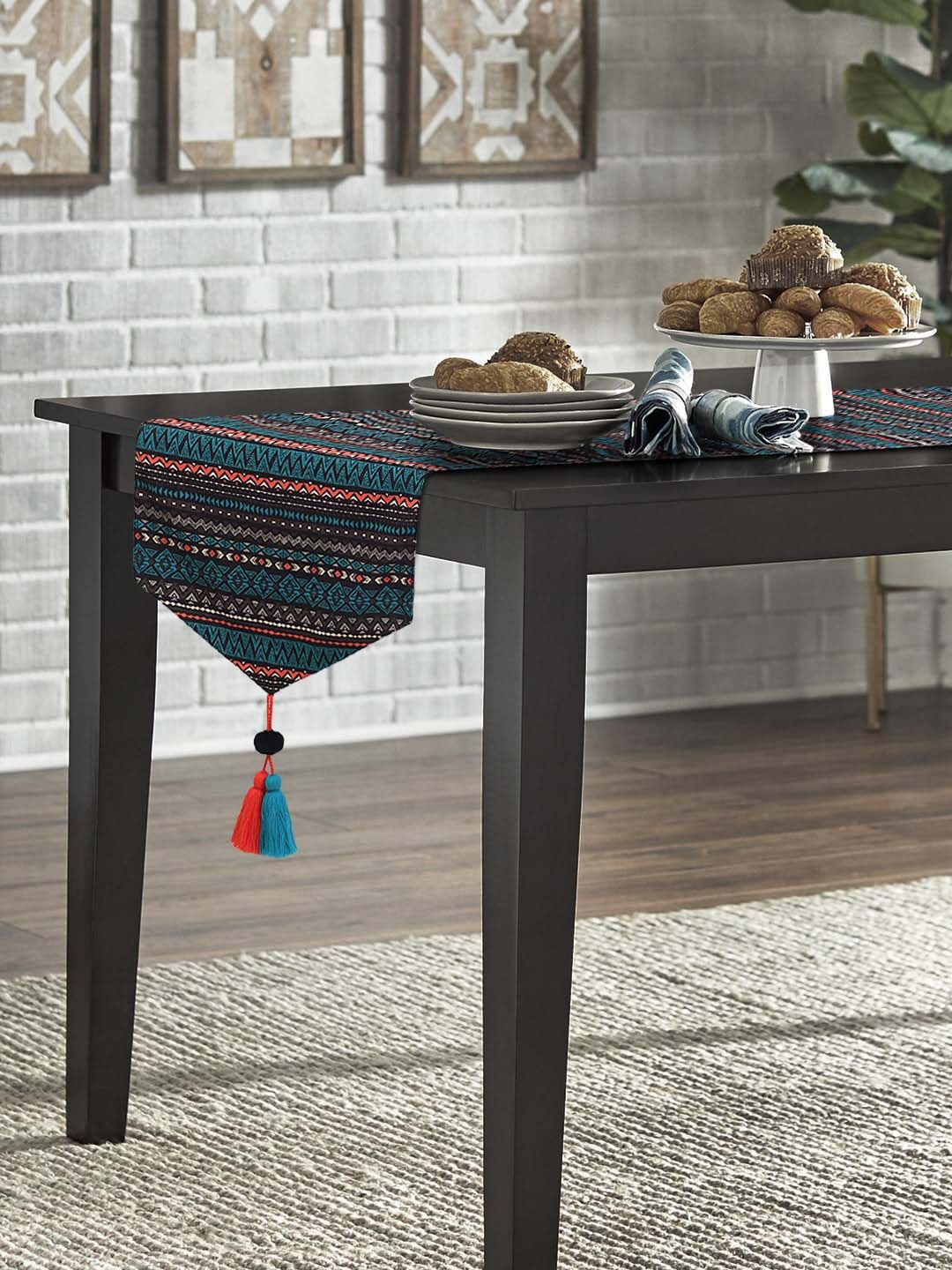 Mezposh Brown & Blue Geometric 4 Seater Table Runner