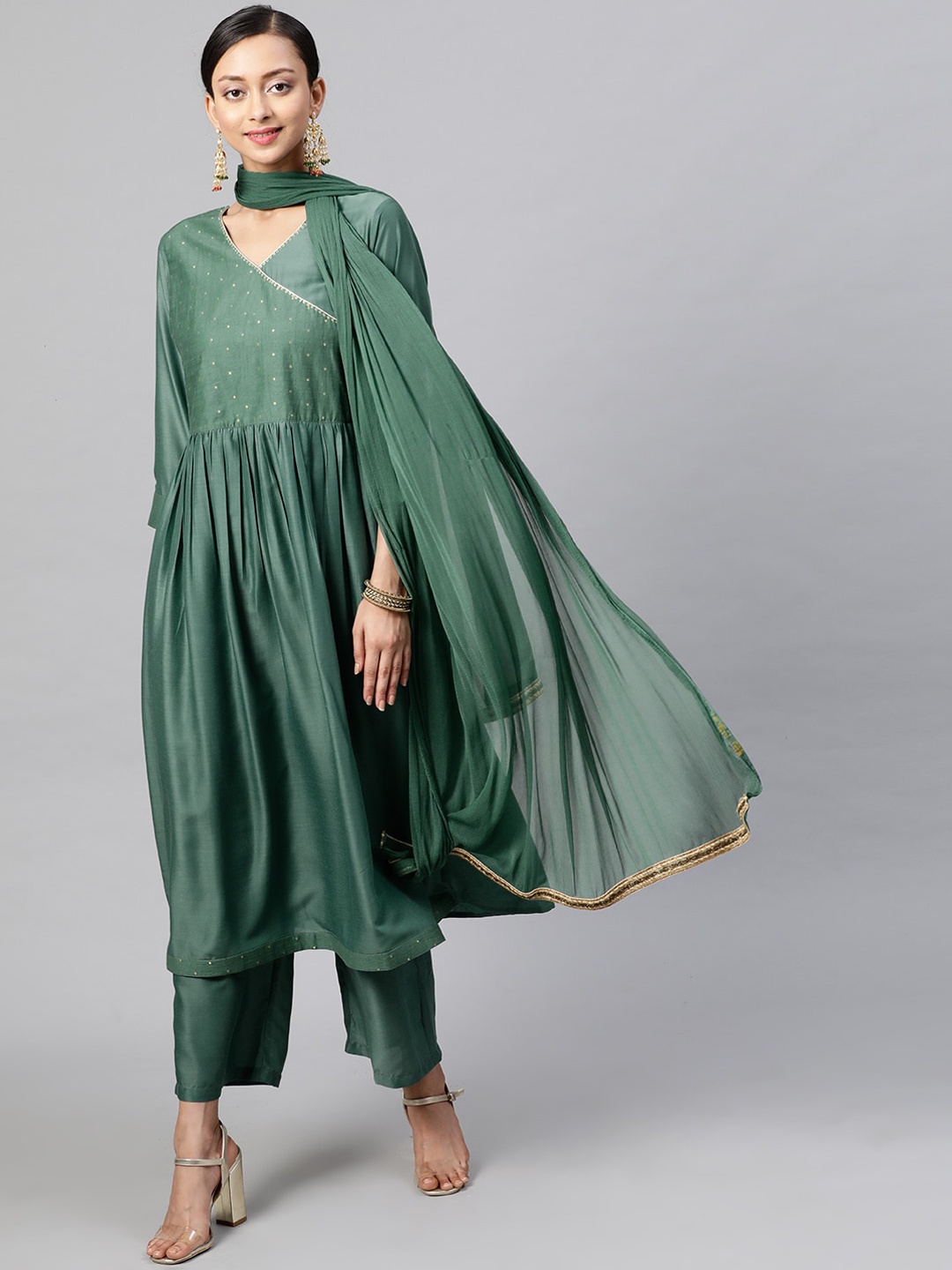 

STREET 9 Women Green Printed Kurta with Trousers & Dupatta