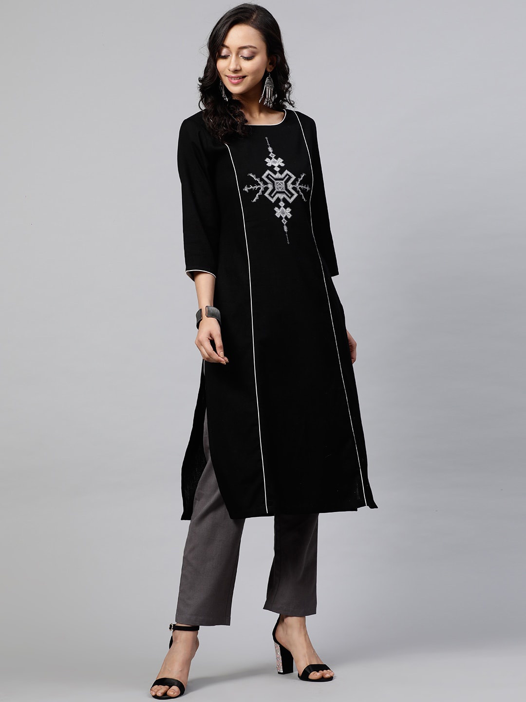 

STREET 9 Women Black Embroidered Kurta with Trousers
