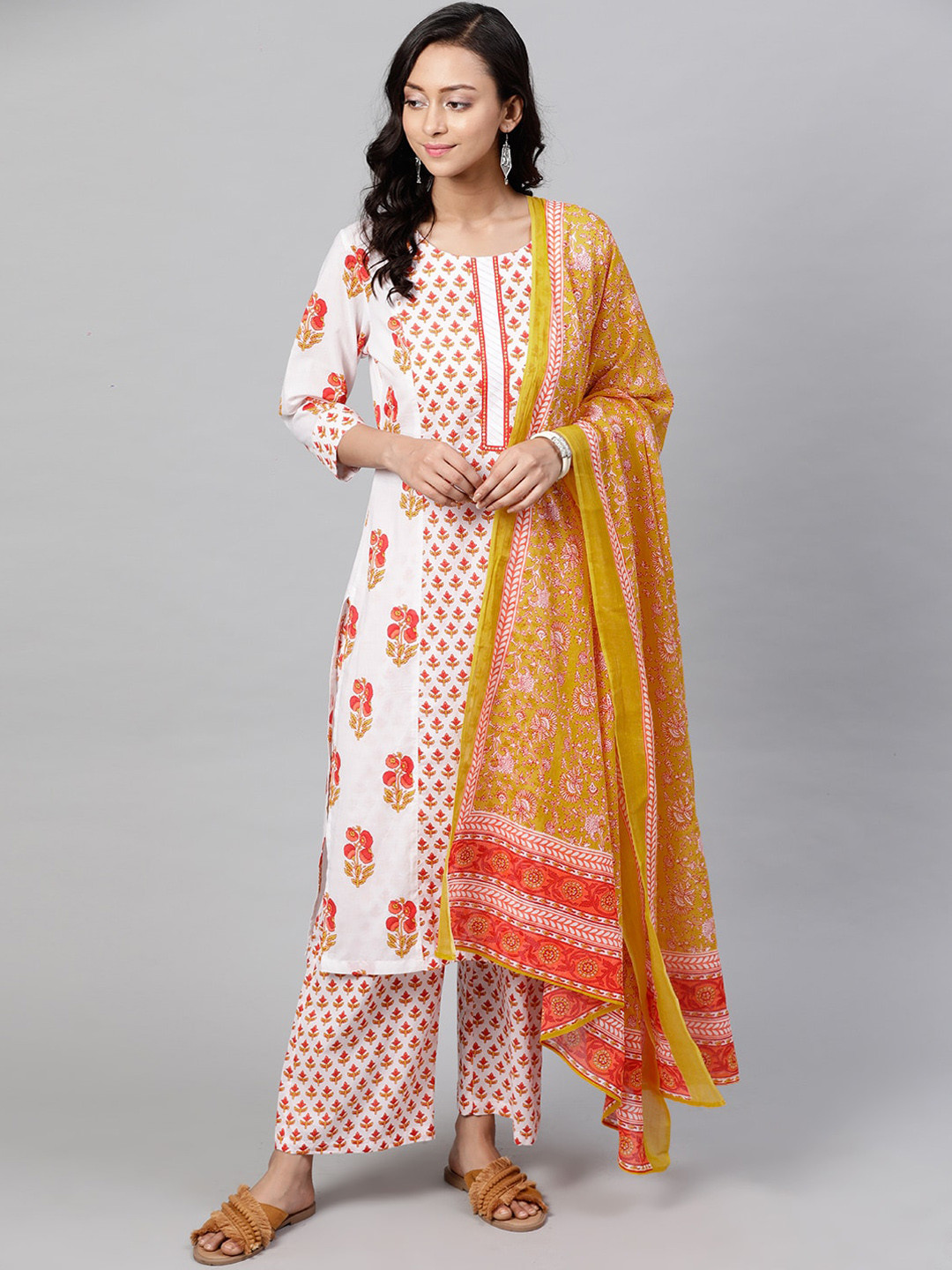 

STREET 9 Women Orange & White Yoke Design Kurta with Trousers & Dupatta