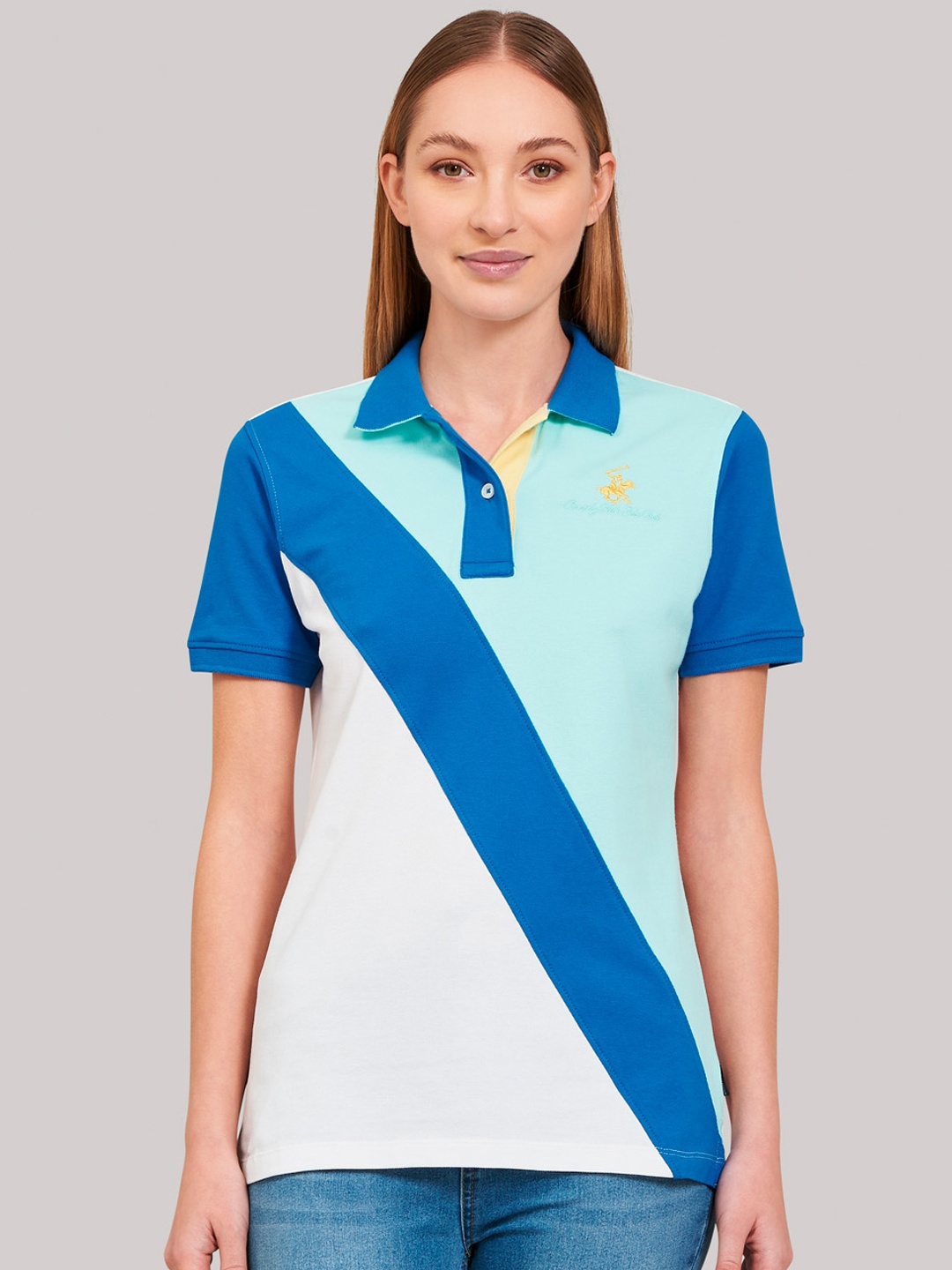 

Beverly Hills Polo Club Women White & Blue Colourblocked Polo Collar T-shirt