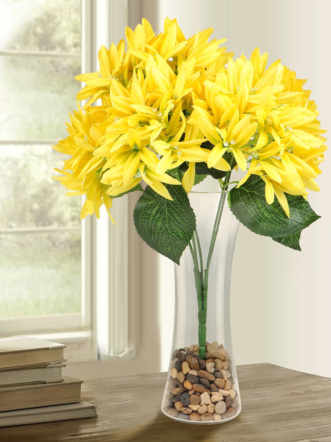 

TIED RIBBONS Yellow & Green Artificial Flower Bunch With Glass Vase