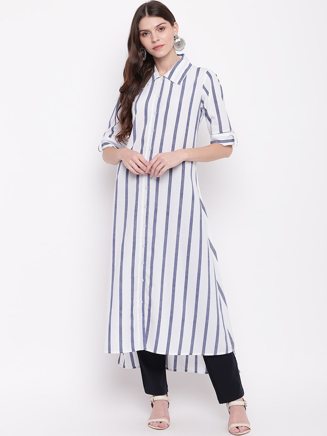

Napra Women White Striped Crepe Pathani Kurta