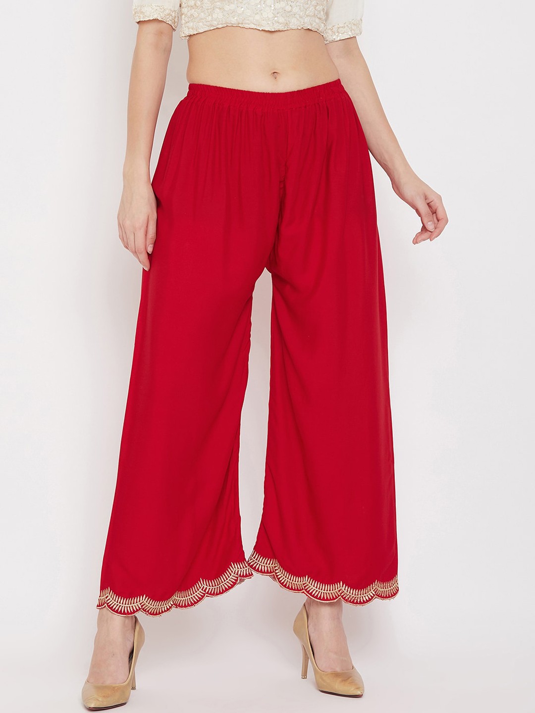 Clora Creation Women Red & Gold-Toned Hem Design Wide Leg Palazzos