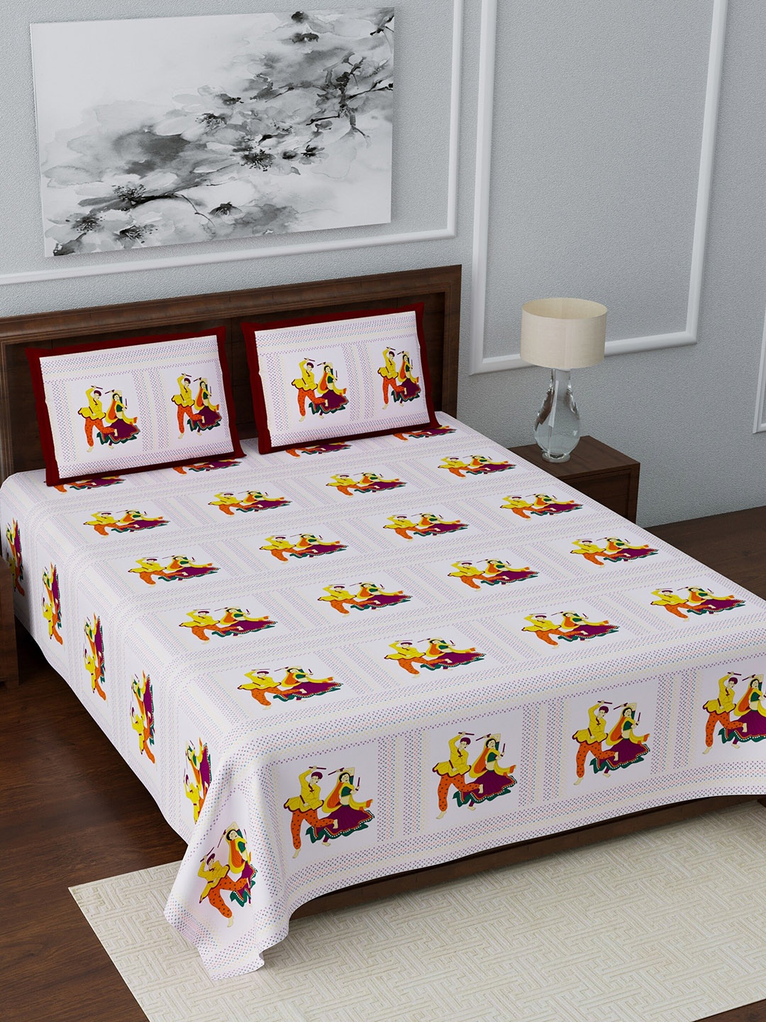 

LIVING ROOTS White & Yellow Abstract 210 TC Cotton 1 King Bedsheet with 2 Pillow Covers