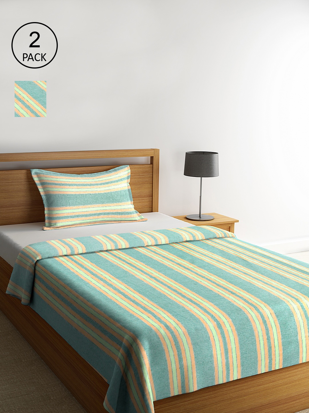 

KLOTTHE Set Of 2 Green & Orange Striped Single Bed Covers With 2 Pillow Covers