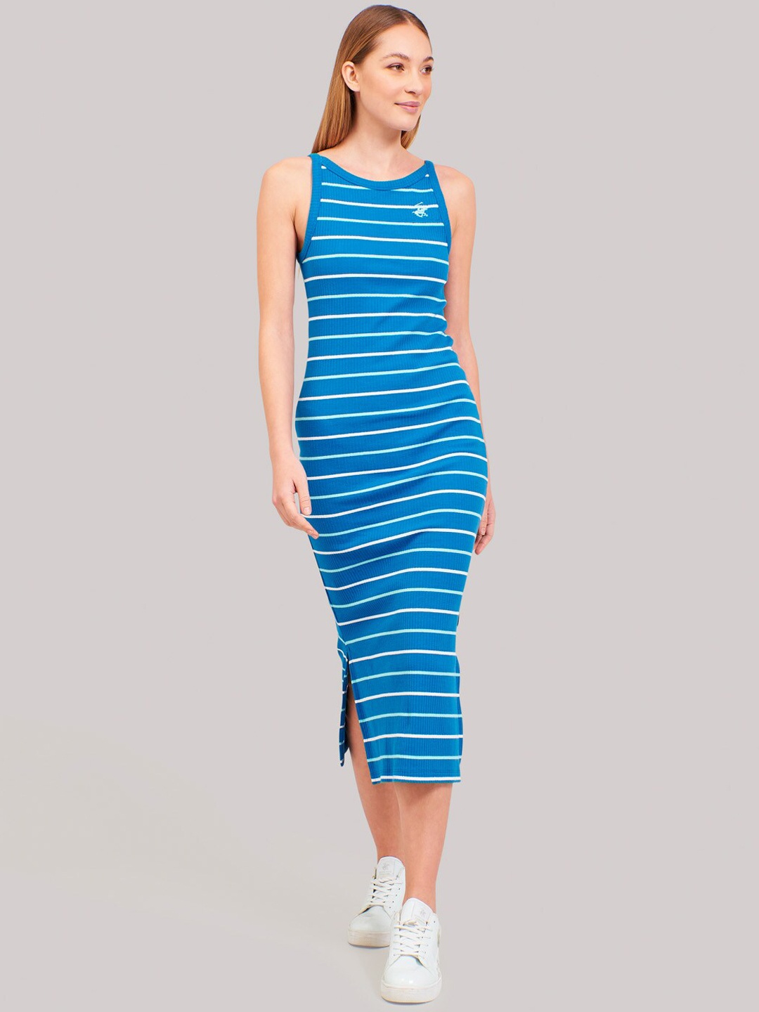 

Beverly Hills Polo Club Women Blue Striped Bodycon Dress