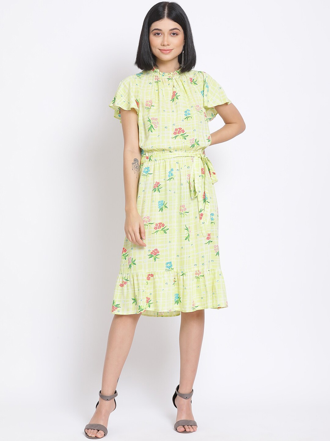 

Oxolloxo Women Yellow Floral Printed Fit and Flare Dress