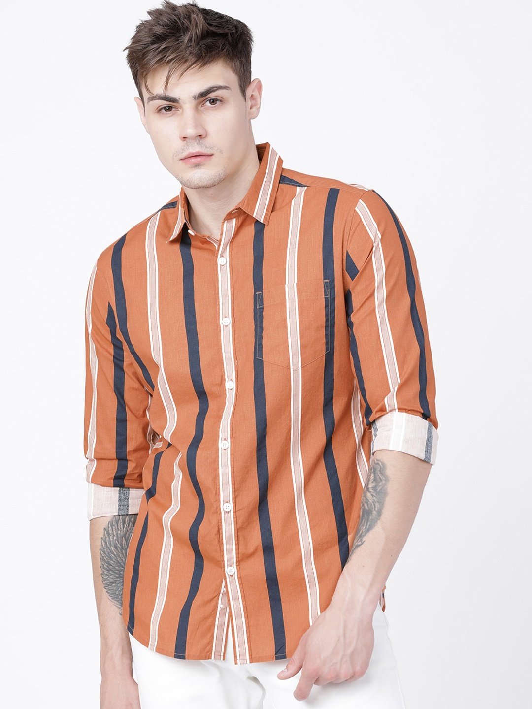 

HIGHLANDER Men Rust Slim Fit Striped Casual Shirt