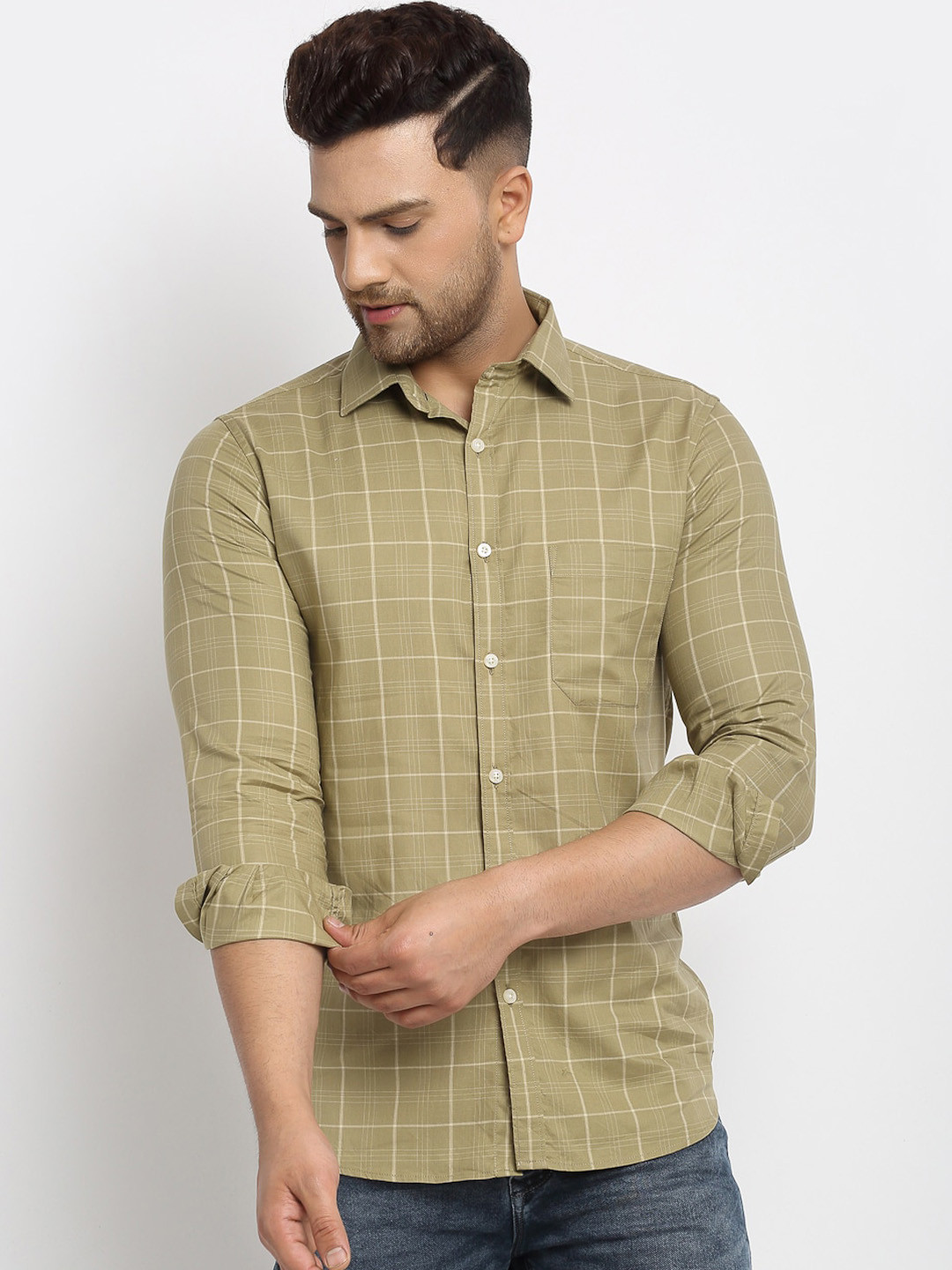 

Cantabil Men Green Slim Fit Checked Casual Shirt