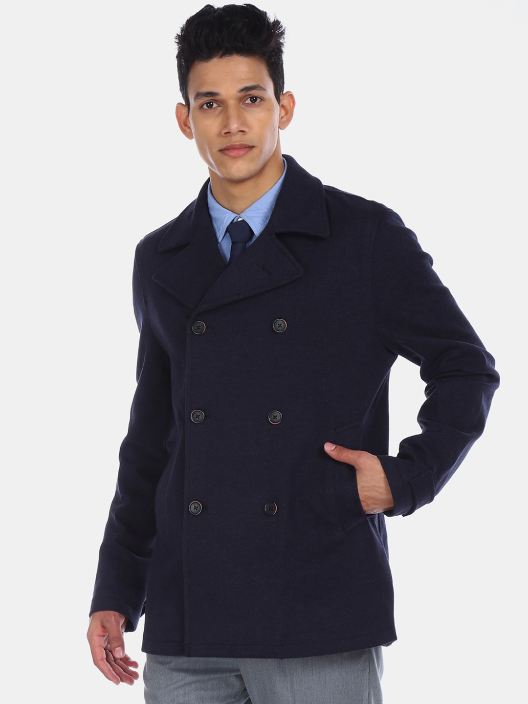 

U.S. Polo Assn. Men Navy Blue Solid Double-Breasted Over Coat