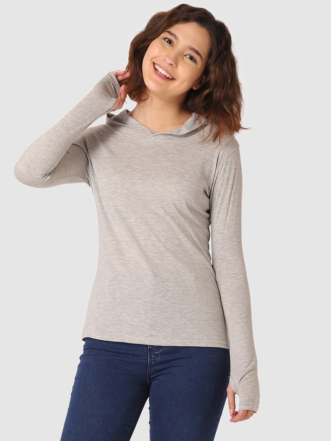 

Vemante Women Grey Solid Hood T-shirt