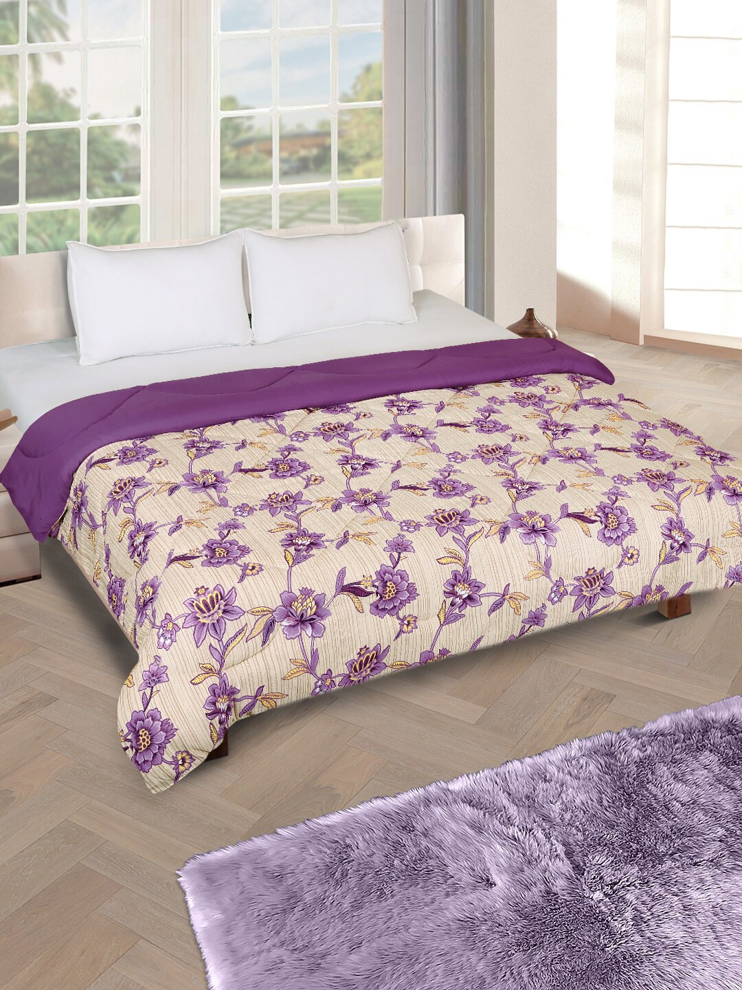

ROMEE Beige & Purple Floral AC Room 200 GSM Double Bed Comforter