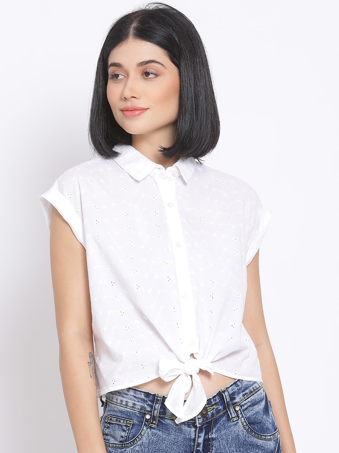 

Oxolloxo Women White Regular Fit Self Design Casual Shirt