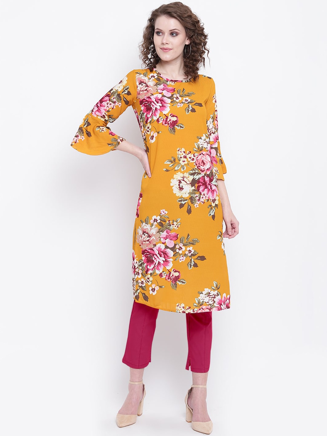 

Napra Women Yellow Floral Printed Bell Sleeves Crepe Kurta