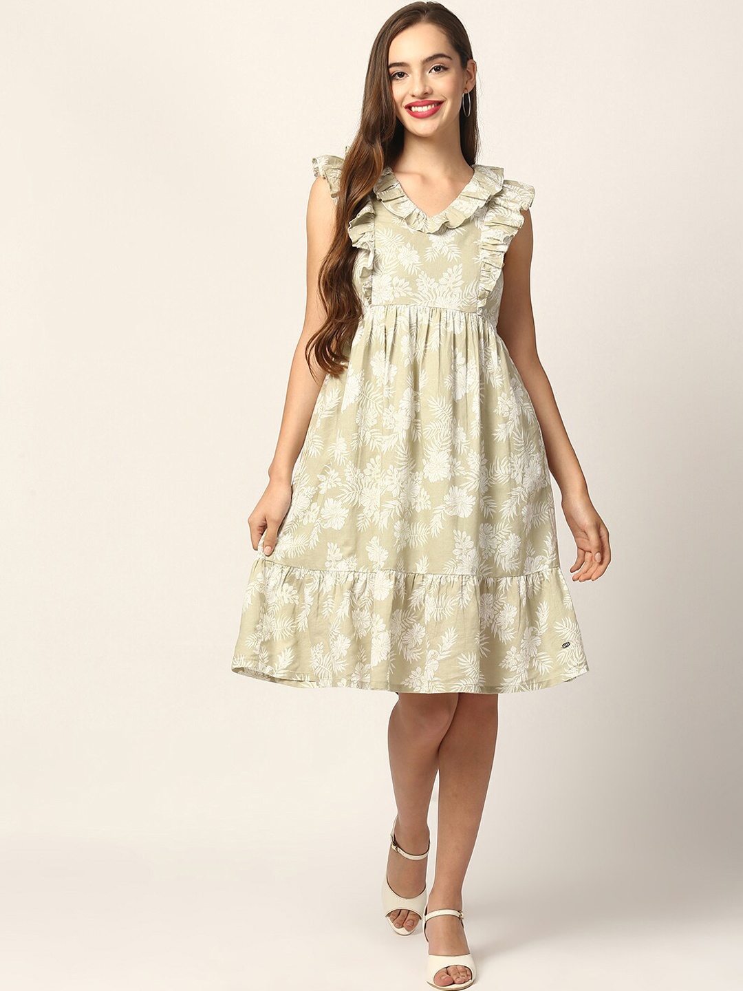 

ELLE Women Pastel Green Floral Print Fit and Flare Dress