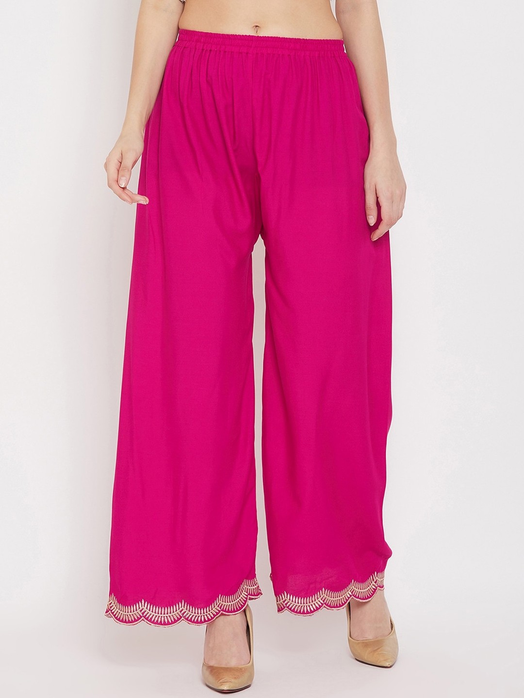 

Clora Creation Women Magenta & Gold-Toned Hem Design Straight Palazzos