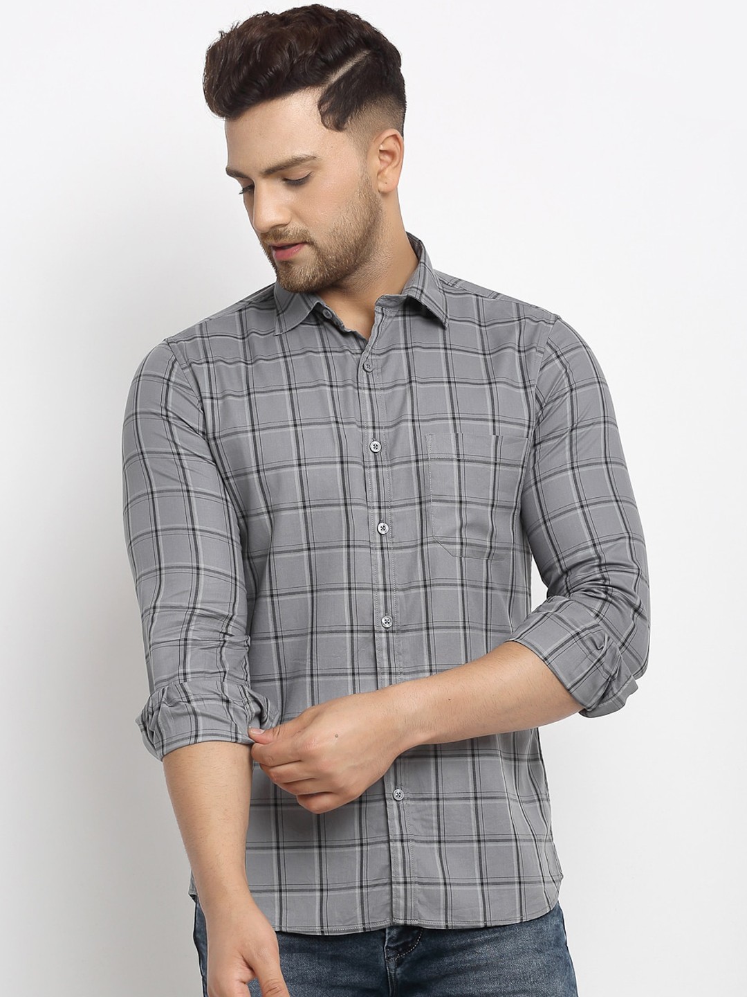

Cantabil Men Grey Slim Fit Checked Casual Shirt